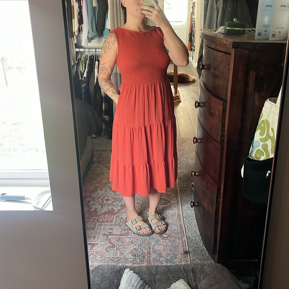 Orange mid length dress with POCKETS!